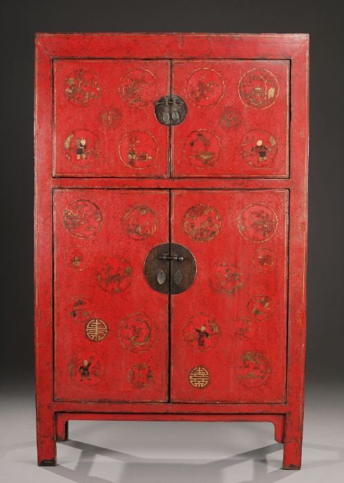 A CHINESE RED LACQUERED ELMWOOD CABINET,