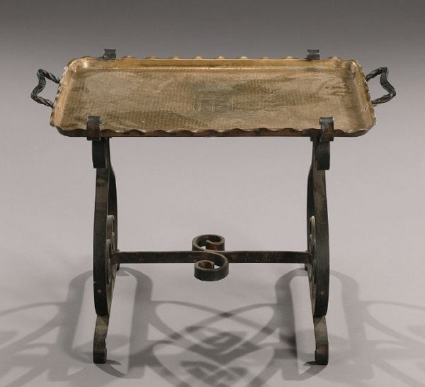 A FRENCH BRASS TRAY TABLE. Rectangular,