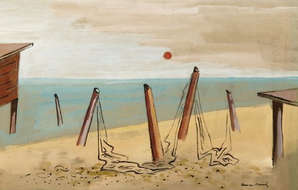 HERMAN MARIL (American, 1908-1986). NET: HERMAN MARIL (American, 1908-1986). NET AND SHORE, signed lower right. Watercolor on paper - 12 in. x 18 in.