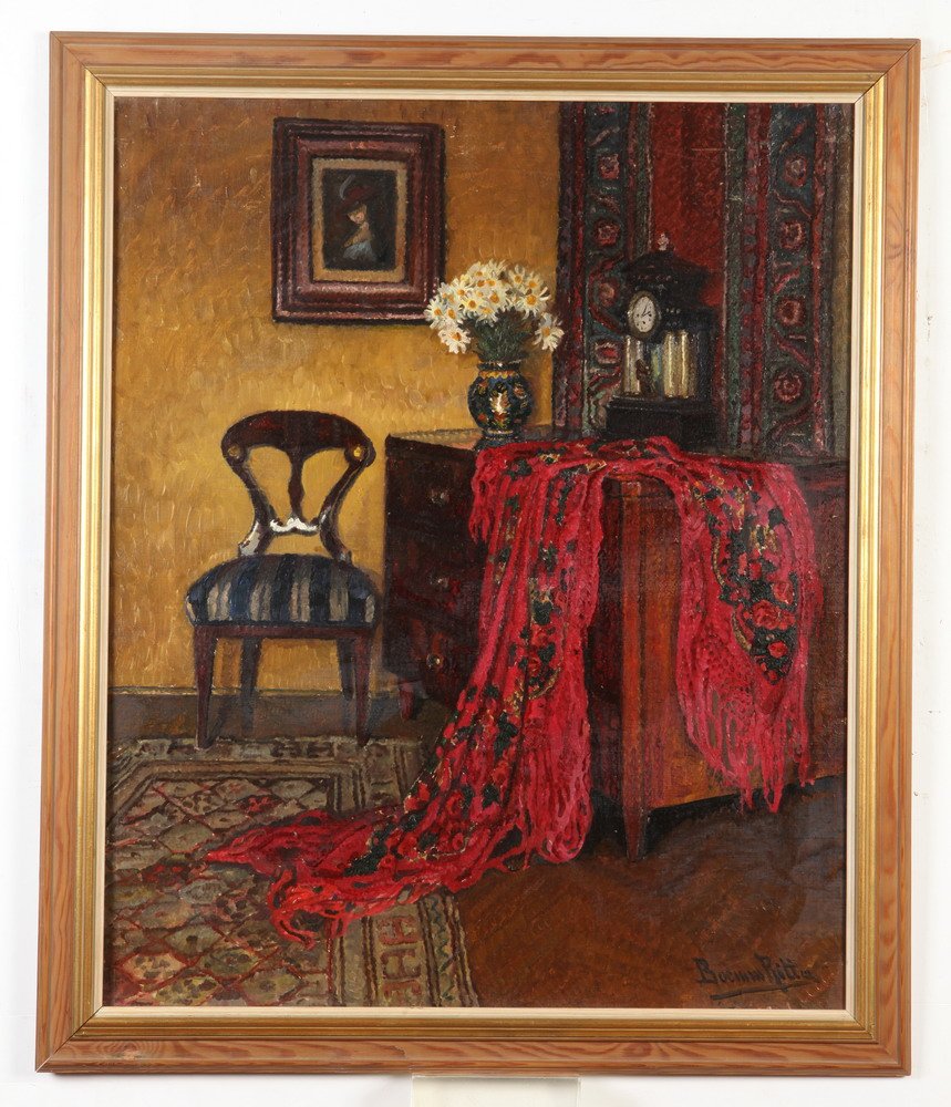 RITTA BOEMM (Hungarian, 1868 - 1948). Interior with draped Red Shawl, circa 1900, Oil on Canvas. (1 of 3)