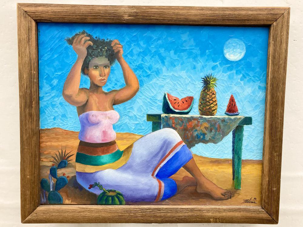 MANUEL MARTINEZ. (Latin American, 20th Century). Fruit Seller Resting, 1992, Oil on Canvas. Framed.: MANUEL MARTINEZ. (Latin American, 20th Century). Fruit Seller Resting, 1992, Oil on Canvas. Framed. Signed and dated lower right hand corner. Framed. - 16 x 20 in; frame: 18.5 x 22.5 in