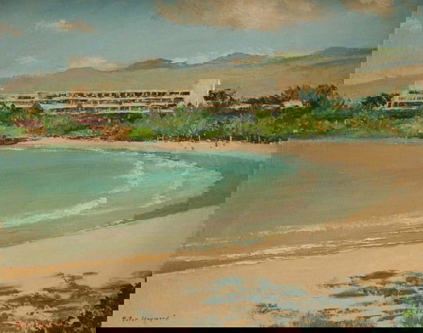 PETER HAYWARD (American, b. 1905). COASTAL VIEW, H: PETER HAYWARD (American, b. 1905). COASTAL VIEW, HAWAII, signed lower left. Inscribed Dan Gaines Associates" on stretcher. Oil on canvas - 16 in. x 20 in."