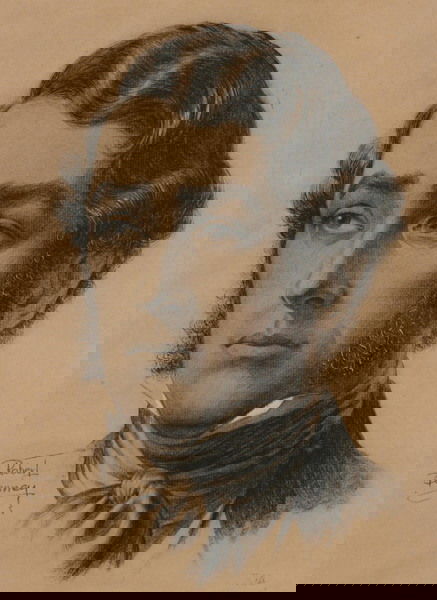 ROBERT L. BENNEY (American, 1904-2001). HOLLYWOOD: ROBERT L. BENNEY (American, 1904-2001). HOLLYWOOD ACTOR BRIAN AHERNE AS POET ROBERT BROWNING, signed lower left. Charcoal on paper - Site: 12 1/2 in. x 9 1/4 in.