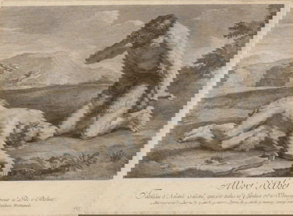 FOUR PRINTS AFTER OLD MASTERS PAINTINGS, - larges: FOUR PRINTS AFTER OLD MASTERS PAINTINGS. ANDREA SACCHI, Death of Abel, engraving by Frederick Hortemels. SALVATOR ROSA, Jacob's Dream, engraving by Joseph Goupy. ANDREA DEL SARTO, His name is John, en