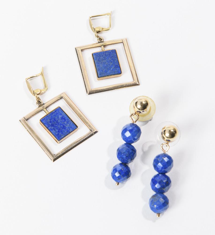 TWO PAIRS YELLOW GOLD AND LAPIS LAZULI DANGLE EARRINGS. One pair, 18K gold squares centering (1 of 1)
