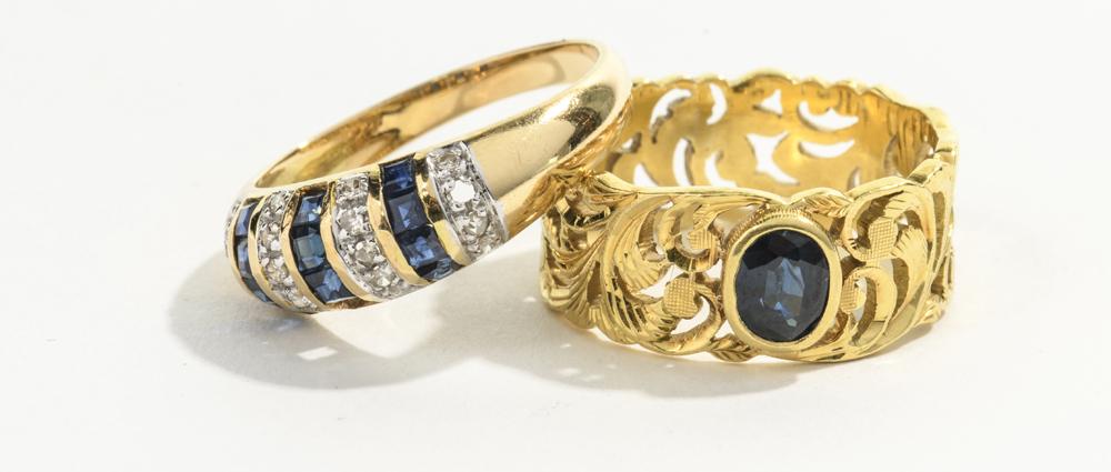 TWO YELLOW GOLD, DIAMOND AND SAPPHIRE RINGS, (1 of 1)