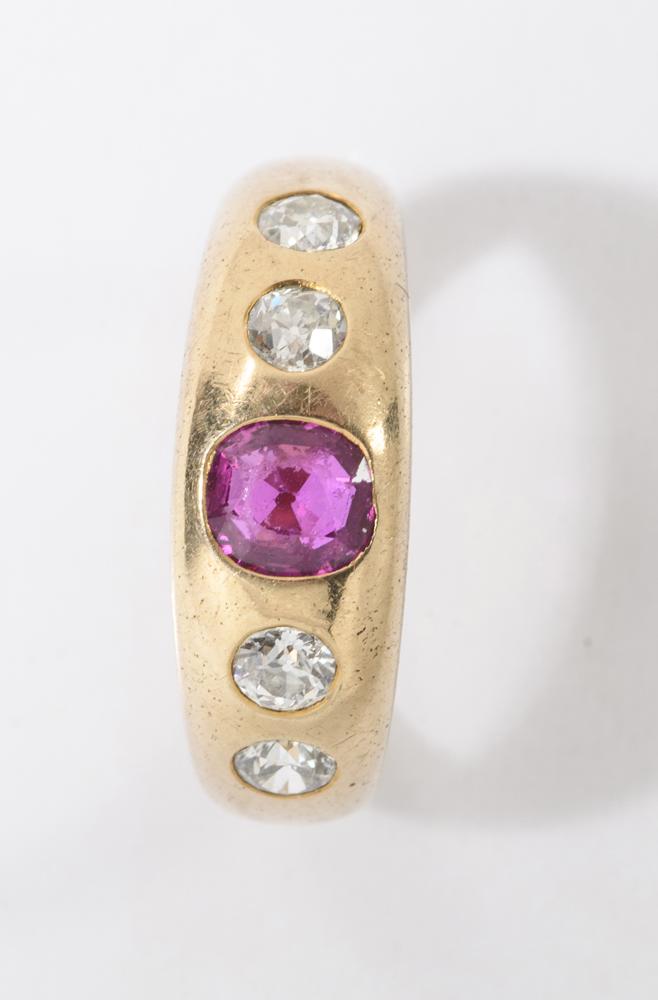 LATE 19TH-EARLY 20TH CENTURY YELLOW GOLD, DIAMOND AND RUBY BAND. Cushion-shape pinkish red ruby (1 of 1)