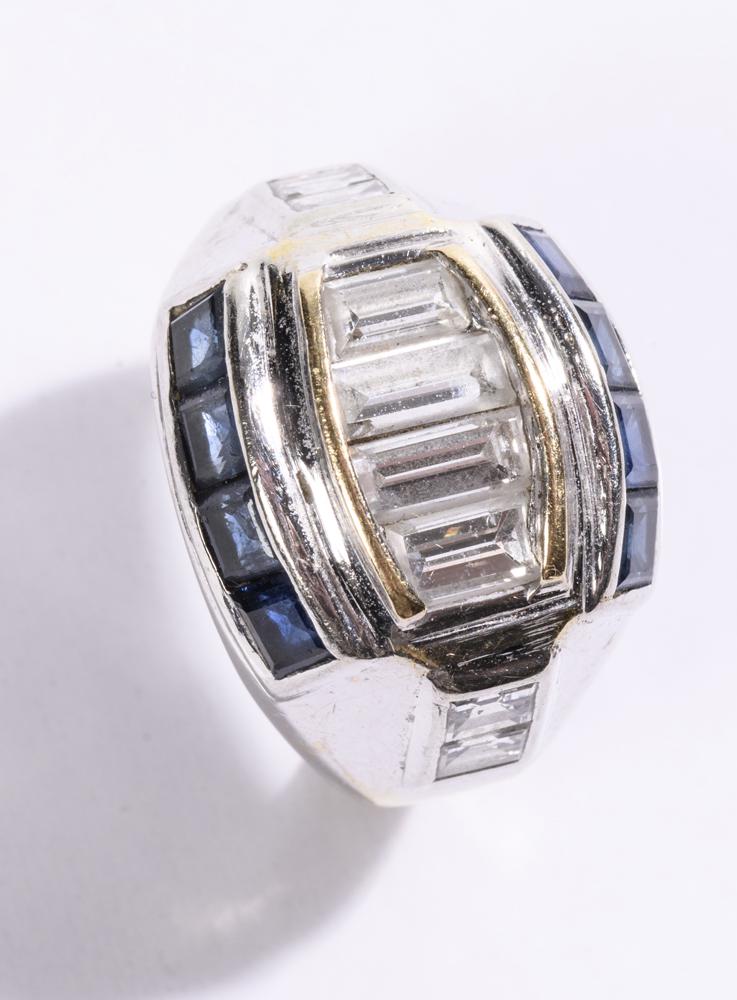 18K WHITE AND YELLOW GOLD, DIAMOND AND SAPPHIRE CONTEMPORARY DESIGN PANELED DOME RING. White gold (1 of 1)