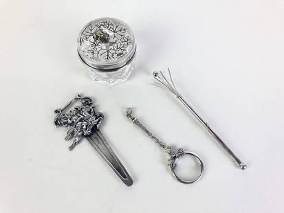 GROUP FOUR ASSORTED SMALL SILVER ARTICLES.: GROUP FOUR ASSORTED SMALL SILVER ARTICLES. Including telescoping swizzel stick/drink mixer; magnifying glass pendant; English lift-top circular paneled crystal box with frog motif; and bookmark with