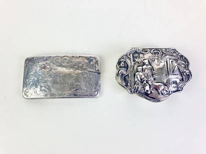 19TH CENTURY CONTINENTAL SILVER REPOUSSE CARTOUCHE-SHAPE PATCH BOX, AND ENGLISH VICTORIAN CALLING: 19TH CENTURY CONTINENTAL SILVER REPOUSSE CARTOUCHE-SHAPE PATCH BOX, AND ENGLISH VICTORIAN CALLING CARD CASE. Patch box has relief view of figures walking hound in classical garden; calling card has