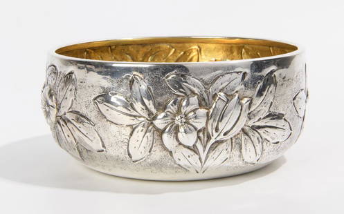 ITALIAN SILVER (800-FINE) CIRCULAR BOWL WITH VERMEIL INTERIOR.: ITALIAN SILVER (800-FINE) CIRCULAR BOWL WITH VERMEIL INTERIOR. Large flowerhead and leaf-relief decorationD: 6 1/4 in.; Wt. 8.4 troy oz.