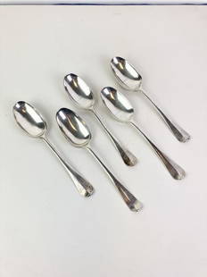 SET FIVE GEORGE II SILVER RAT-TAIL DESSERT/PLACE SPOONS. Hallmarks illegible.: SET FIVE GEORGE II SILVER RAT-TAIL DESSERT/PLACE SPOONS. Hallmarks illegible - L: 7 7/8 in. Wt. 9 troy oz.