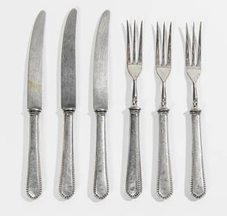 36-PIECE LATE 19TH CENTURY CONTINENTAL SILVER (800-FINE) HANDLED FRUIT SET.: 36-PIECE LATE 19TH CENTURY CONTINENTAL SILVER (800-FINE) HANDLED FRUIT SET. Including 19 knives nad 17 forks. Handles have beaded borders and dome terminals.