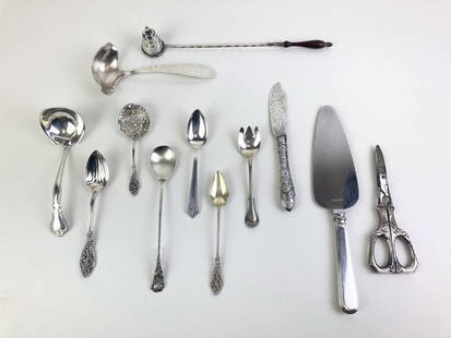 19 PIECES ASSORTED 19TH AND 20TH CENTURY SILVER FLATWARE, Various patterns and makers.: 19 PIECES ASSORTED 19TH AND 20TH CENTURY SILVER FLATWARE, Various patterns and makers. Including Tiffany & Co. sterling handle cake knife; set seven Alvin Co. demitasse spoons; four-piece Dominick &