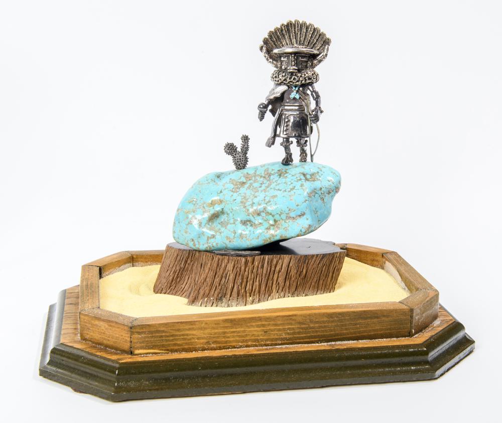 CAROL SUES (American, 20th Century). Eagle Dancer, Hototo Kachina, Large turquoise nugget and .999 (1 of 2)