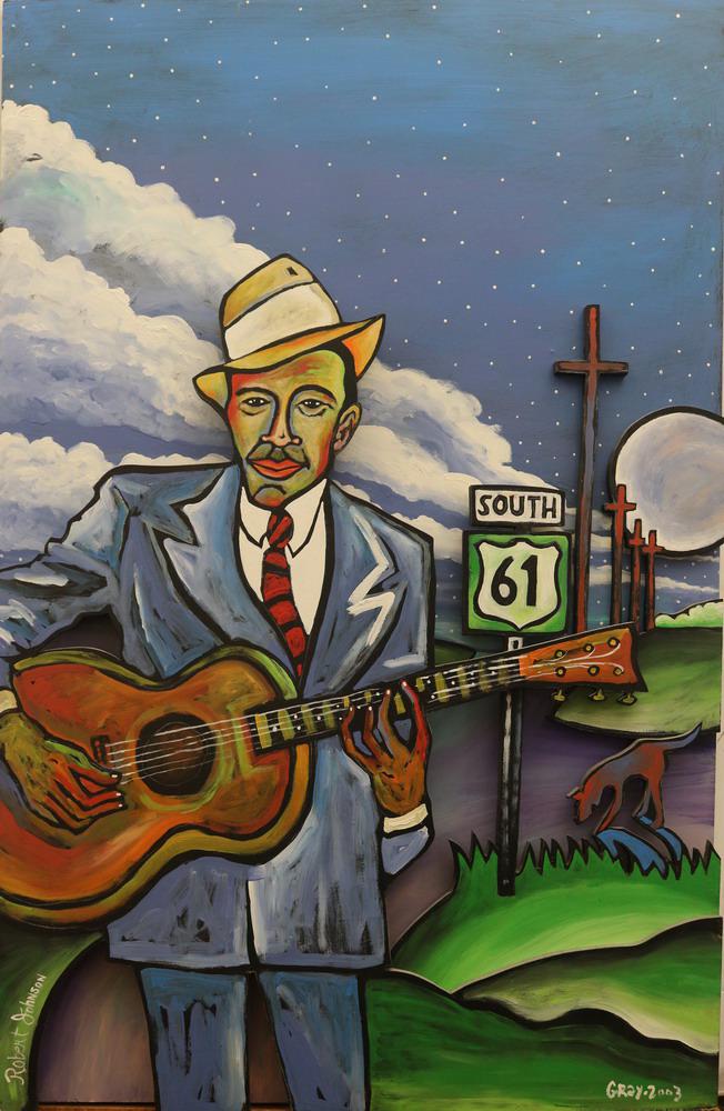 BOB GRAY (American, 20th Century). South 61 (Robert Johnson), 2003, Three-dimensional bright color: BOB GRAY (American, 20th Century). South 61 (Robert Johnson), 2003, Three-dimensional bright color palette artwork. Oil on wood. Signed and dated lower right hand corner and in verso. Titled in verso.