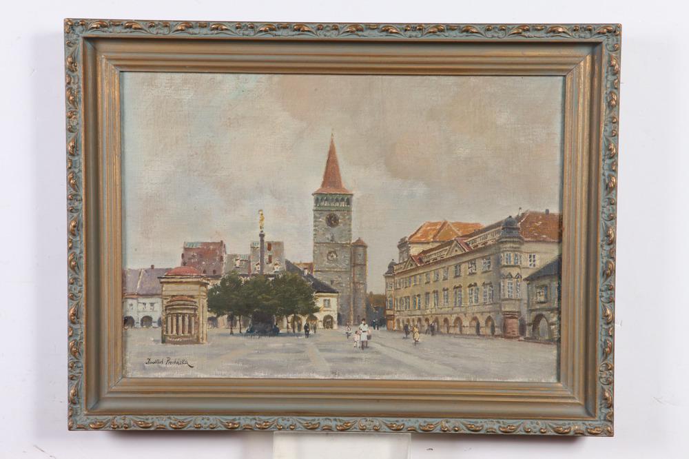 JINDRICH PROCHAZKA (Czech, b. 1888). STREET SCENE WITH CHURCH, signed lower left. Oil on canvas. (1 of 2)