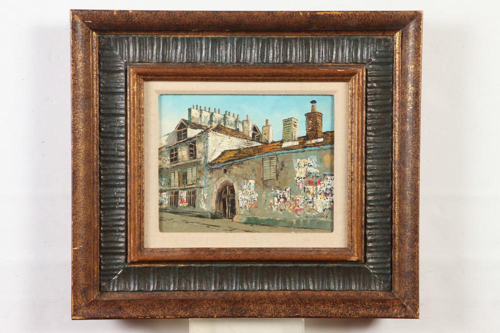 HANS WEISNER (American, 20th century). Urbanscape with Graffiti, Oil on board. Framed.: HANS WEISNER (American, 20th century). Urbanscape with Graffiti, Oil on board. Framed. - 9.5 x 11 in; frame: 16 x 18 in