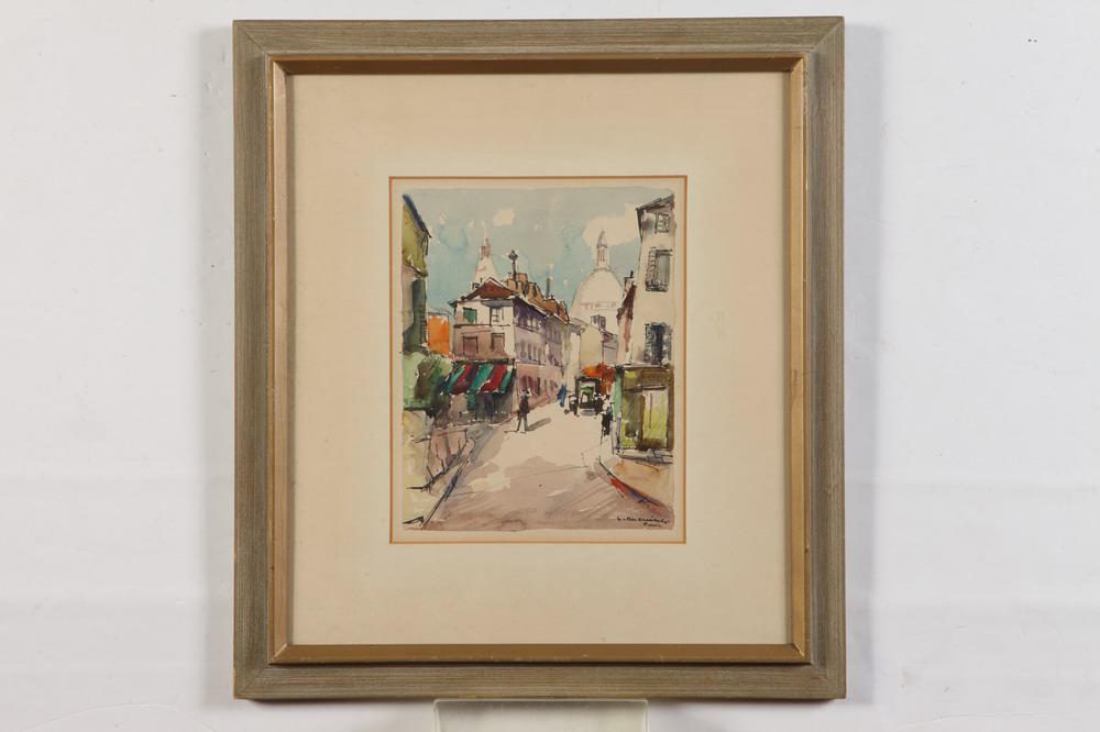 LUCIEN DUCUING (French, 1896 - 1958). PARISIAN MONTMARTE SCENE (circa 1930), watercolor on paper. (1 of 2)