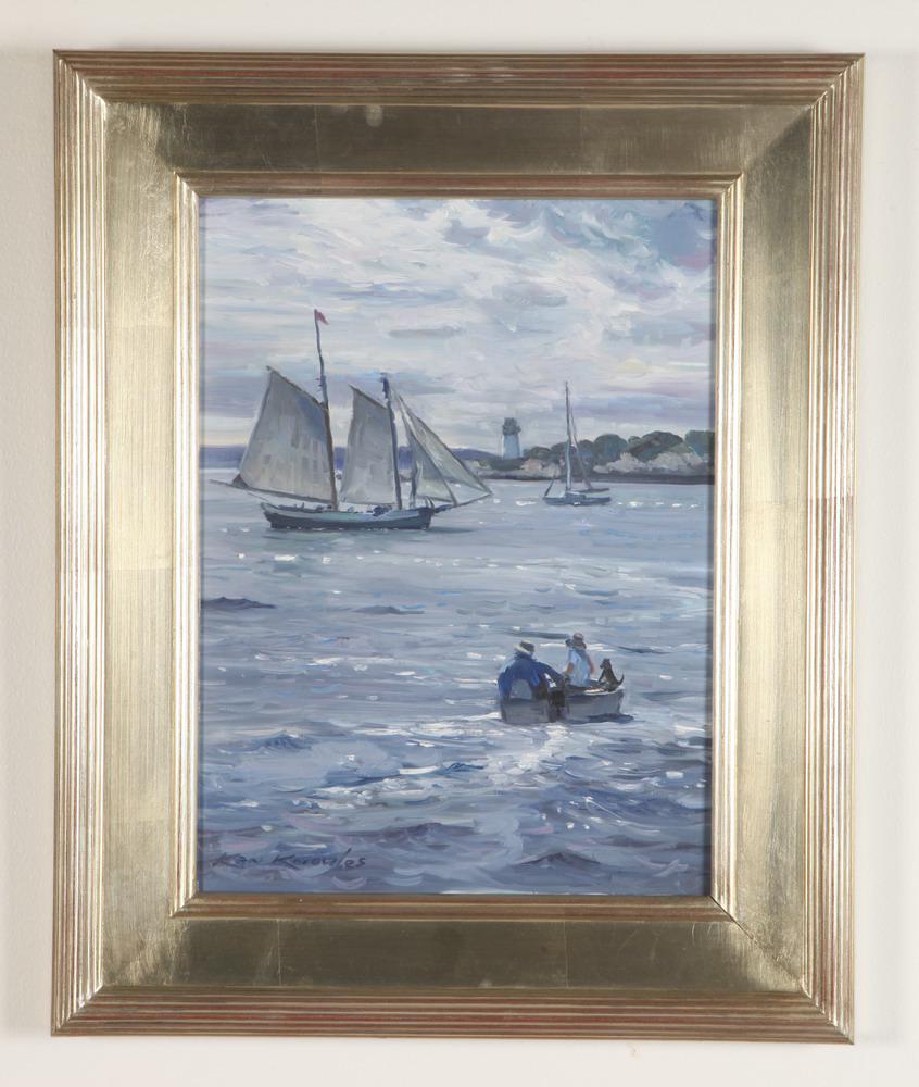 KEN KNOWLES (American, born 1968). Boat Scene by Coast with Lighthouse, Oil on board. Signed lower (1 of 2)