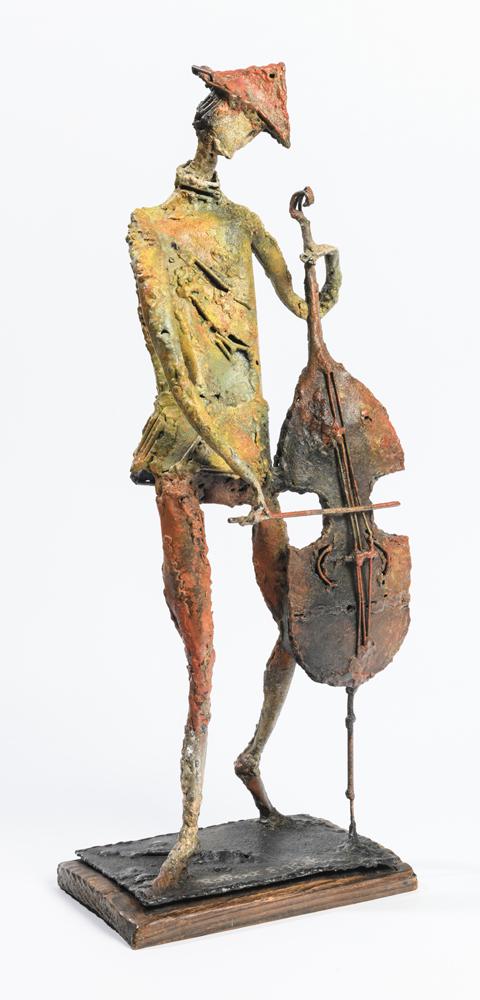 ROBERT E. KUHN (American, 1917 - 2000). The Cello Player, Painted bronze statue. Signed on base. (1 of 2)