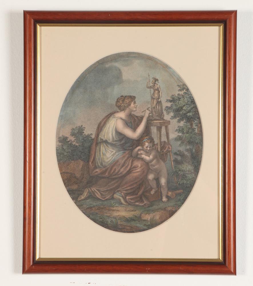 AFTER ANGELICA CATHARINA MARIE ANNA KAUFFMAN (Swiss / English, 1741 - 1807). Allegory of Sculpture,: AFTER ANGELICA CATHARINA MARIE ANNA KAUFFMAN (Swiss / English, 1741 - 1807). Allegory of Sculpture, 19th century color stipple engraving (possibly a mezzotint) done by printmaker Francesco Bartolozzi