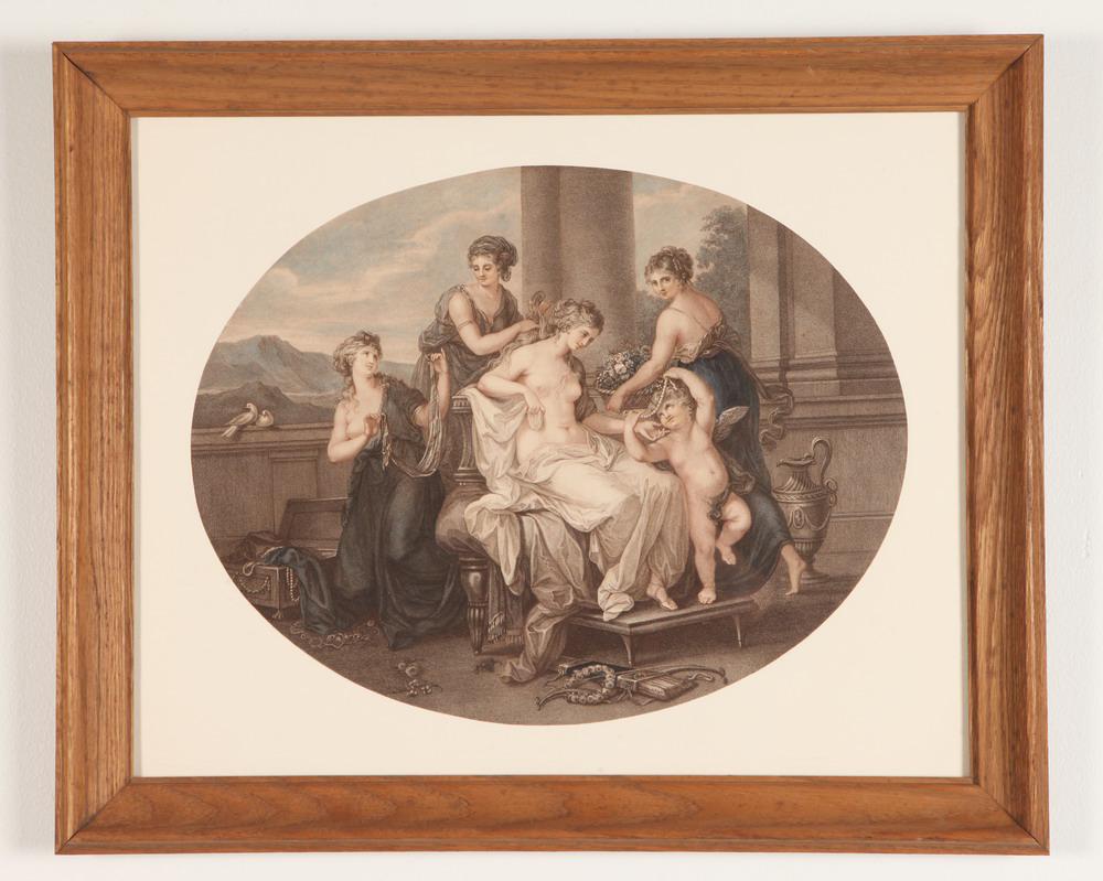 AFTER ANGELICA CATHARINA MARIE ANNA KAUFFMAN (Swiss / English, 1741 - 1807). The Toilet of Venus,: AFTER ANGELICA CATHARINA MARIE ANNA KAUFFMAN (Swiss / English, 1741 - 1807). The Toilet of Venus, 19th century color stipple engraving (possibly a mezzotint) done by printmaker Francesco Bartolozzi (I