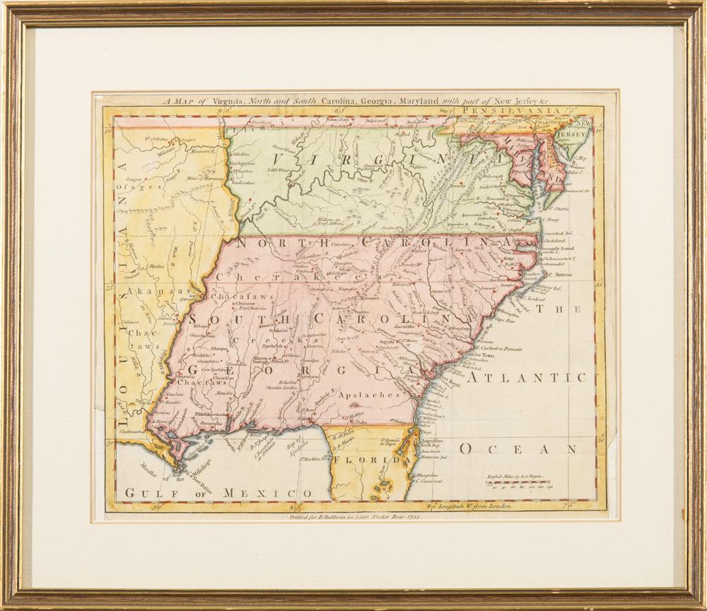 A MAP OF VIRGINIA, NORTH AND SOUTH CAROLINA, GEORGIA, MARYLAND, WITH PART OF NEW JERSEY, & C, 1755.: A MAP OF VIRGINIA, NORTH AND SOUTH CAROLINA, GEORGIA, MARYLAND, WITH PART OF NEW JERSEY, & C, 1755. - 9 x 11 in; frame: 12.5 x 14.5 in.