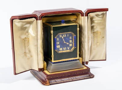 CARTIER 18K YELLOW GOLD, LAPIS LAZULI, ONYX, JADE, AND MOTHER-OF-PEARL RECTANGULAR MANTEL CLOCK, -