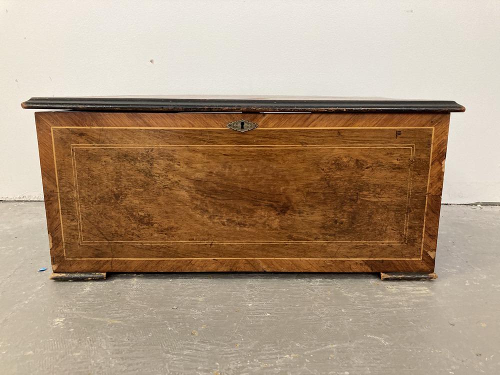 INLAID WALNUT CYLINDER MUSIC BOX. Cylinder with drum accessory and five bells embellished with (1 of 13)