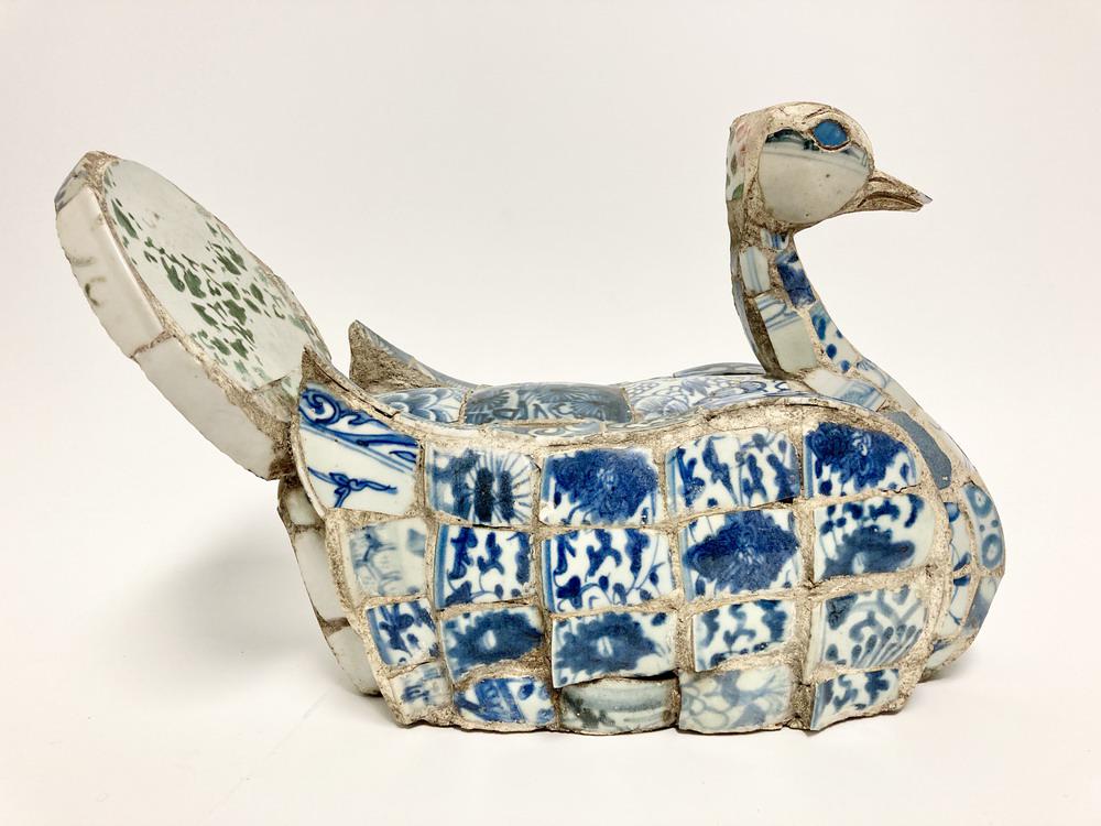 CHINESE CERAMIC FIGURE OF SWAN. Constructed from 18th century blue and white and green and white (1 of 7)