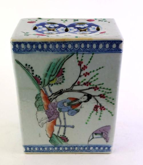 CHINESE POLYCHROMED PORCELAIN RECTANGULAR CENSER. Sides decorated with figure in flowering (1 of 9)