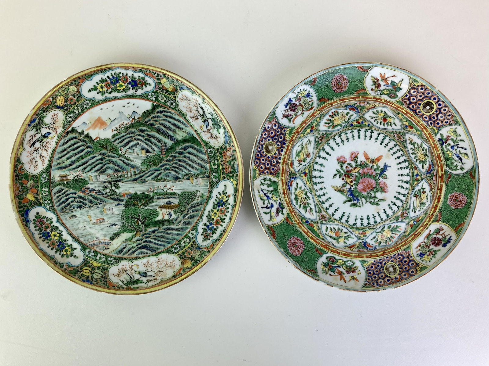 TWO CHINESE PORCELAIN POLYCHROMED PORCELAIN PLATES. 19th century, One with landscape decoration with (1 of 7)