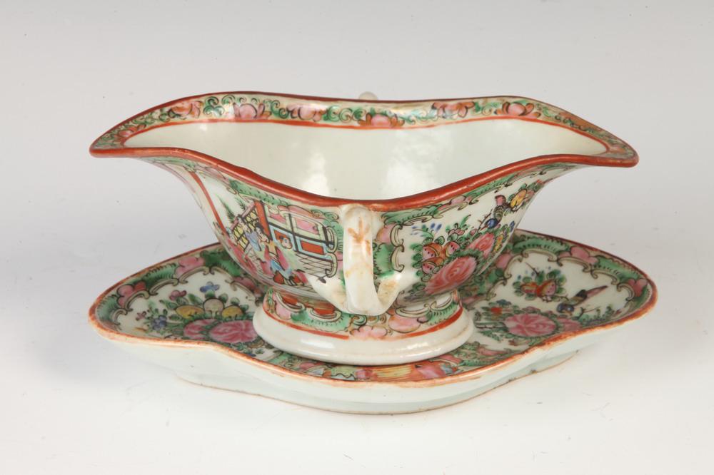 CHINESE ROSE MEDALLION PORCELAIN LOZENGE-SHAPE, TWO-HANDLE GRAVY BOAT WITH SEPARATE CONFORMING (1 of 1)