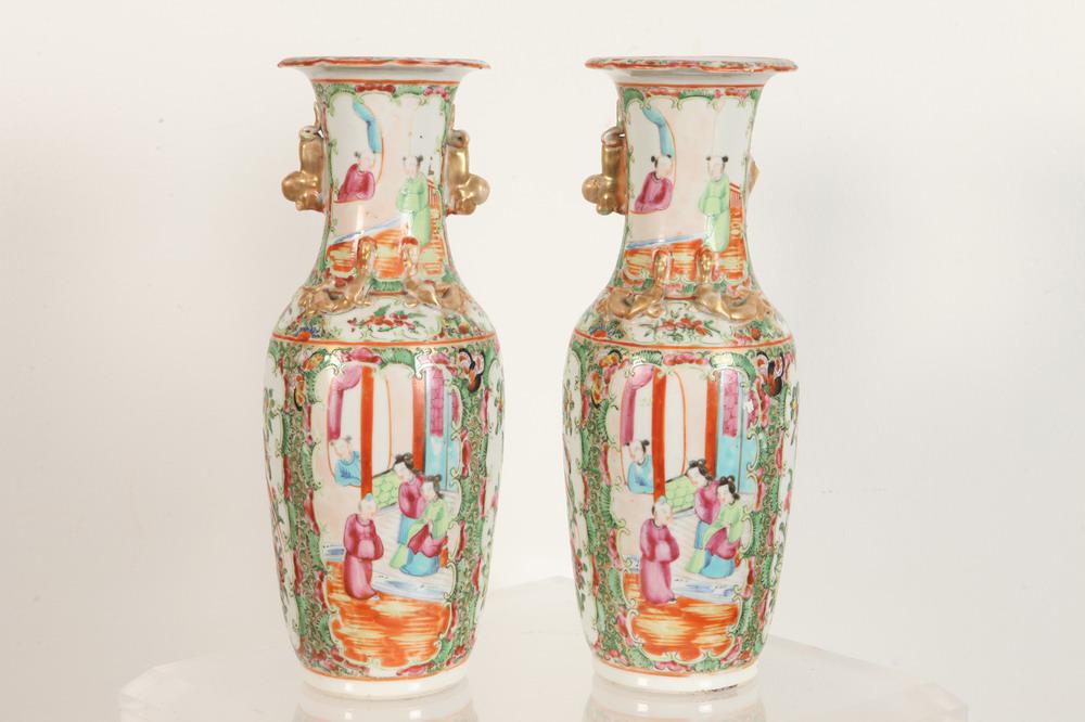 PAIR CHINESE ROSE MEDALLION PORCELAIN BALUSTER-FORM VASES WITH GILT SALAMANDER HANDLES,: PAIR CHINESE ROSE MEDALLION PORCELAIN BALUSTER-FORM VASES WITH GILT SALAMANDER HANDLES. H: 12 1/4 in.One has broken handle