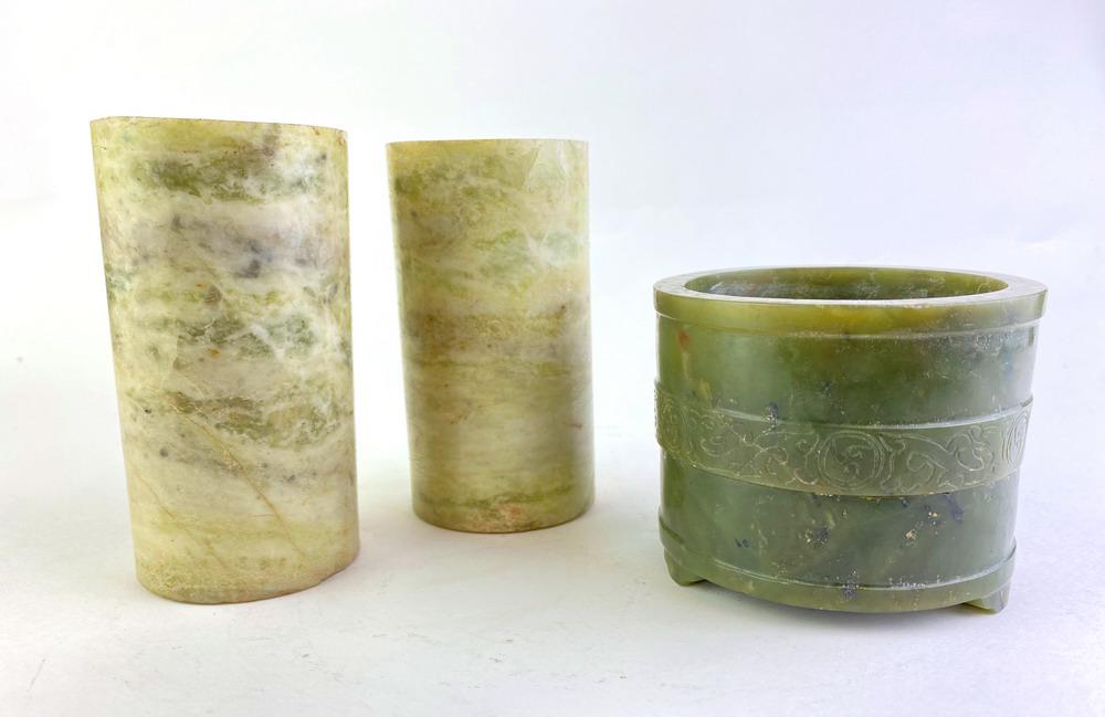 THREE CHINESE JADE/GREEN HARDSTONE SMALL VESSELS, (1 of 8)