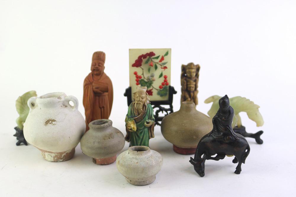 ELEVEN ASSORTED ASIAN MINIATURE OBJECTS, - Tallest, H: 4 1/4". (1 of 7)