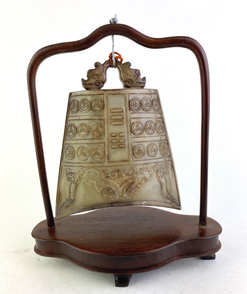 19TH CENTURY CHINESE CARVED MUTTON FAT-TO-LIGHT BROWN JADE BELL FORM ORNAMENT, - Ornament, H; 4 (1 of 5)