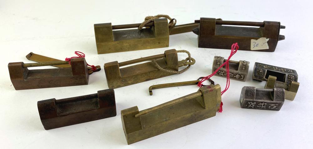 ELEVEN ASSORTED CHINESE VINTAGE SILVER AND BRASS LOCKS. (1 of 6)
