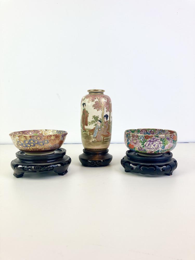 THREE PIECES JAPANESE SATSUMA PORCELAIN. Including figural decorated cabinet vase, H: 5 in.; and two (1 of 11)