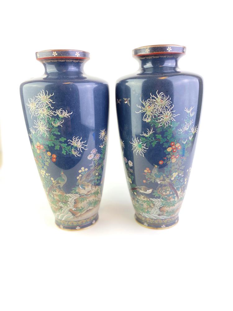 PAIR SIGNED WIRELESS CLOISONNE VASES DEPICTING VIEWS OF PLUMED BIRDS IN DETAILED FLOWERING (1 of 8)
