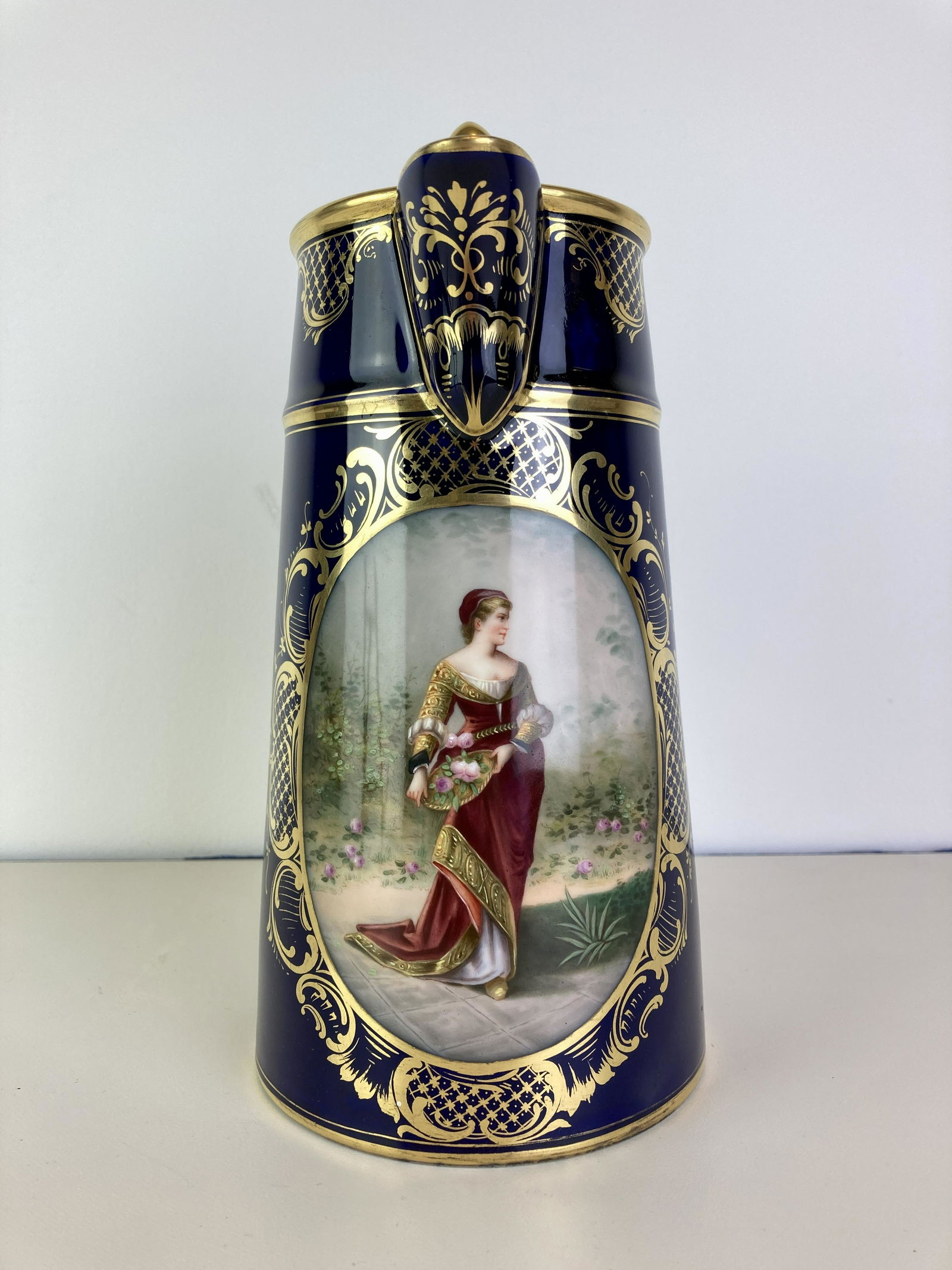COBALT AND GILT DECORATED LIFT-COVER COFFEE POT. late 19th century, With hand-painted oval reserve (1 of 10)