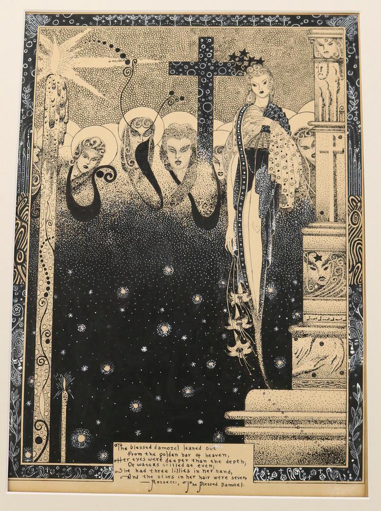 FOLLOWER OF ERTE, ROMAIN PETROVICH DE TIRTOFF (Russian, 1892 - 1990). The Blessed Damozel, circa: FOLLOWER OF ERTE, ROMAIN PETROVICH DE TIRTOFF (Russian, 1892 - 1990). The Blessed Damozel, circa 1920s, Unsigned original pen, ink with white highlights drawing (and likely a "maquette" for publicatio
