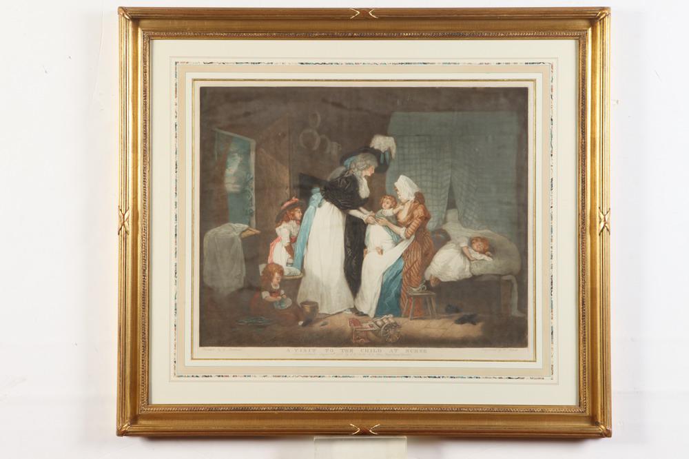 AFTER GEORGE MORLAND (British, 1763 - 1804). Visit to the Child at Nurse and A Visit to the Boarding: AFTER GEORGE MORLAND (British, 1763 - 1804). A Pair: "Visit to the Child at Nurse" and "A Visit to the Boarding School." Pair of colored engravings engraved by William Ward (1766â€“1826) and publ