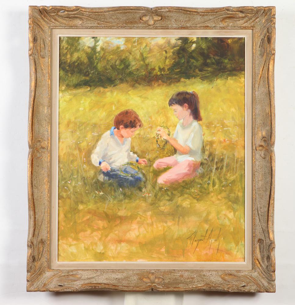 MARGARET ANN AYCOCK (American, Born 1956). Children in the Field. Oil on canvas. Framed. (1 of 2)