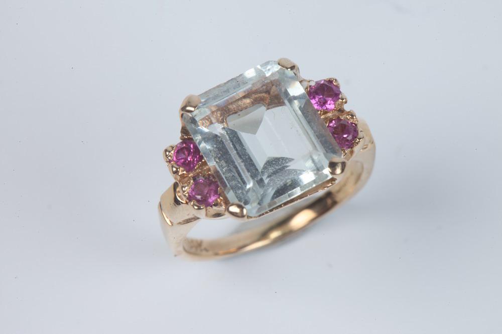 14K YELLOW GOLD, AQUAMARINE AND RUBY RING, - Ring size: 5 1/4. (1 of 1)