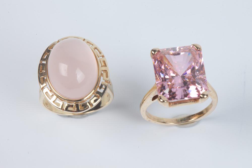 TWO 14K YELLOW GOLD AND PINK GEMSTONE RINGS. (1 of 1)