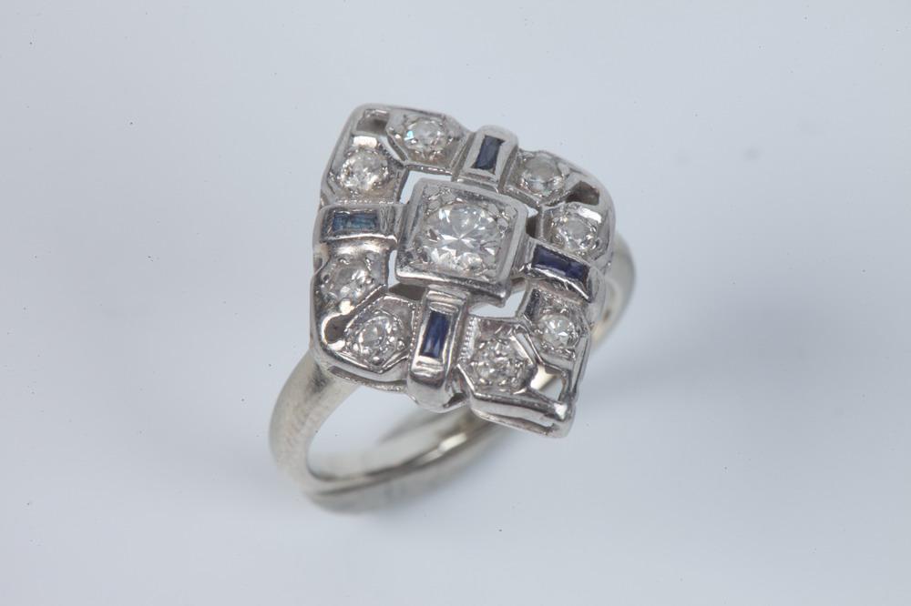 14K WHITE GOLD, DIAMOND AND SAPPHIRE RING. - Ring size: 3. (1 of 1)