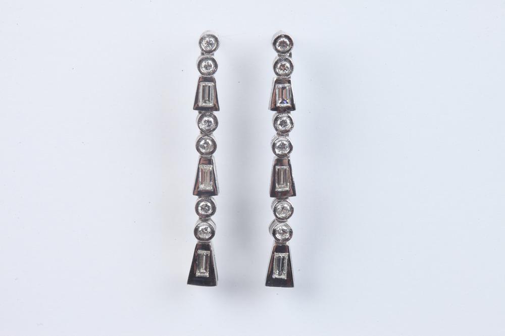 PAIR 14K WHITE GOLD AND DIAMOND DANGLE EARRINGS, - L: 1 5/8". (1 of 1)