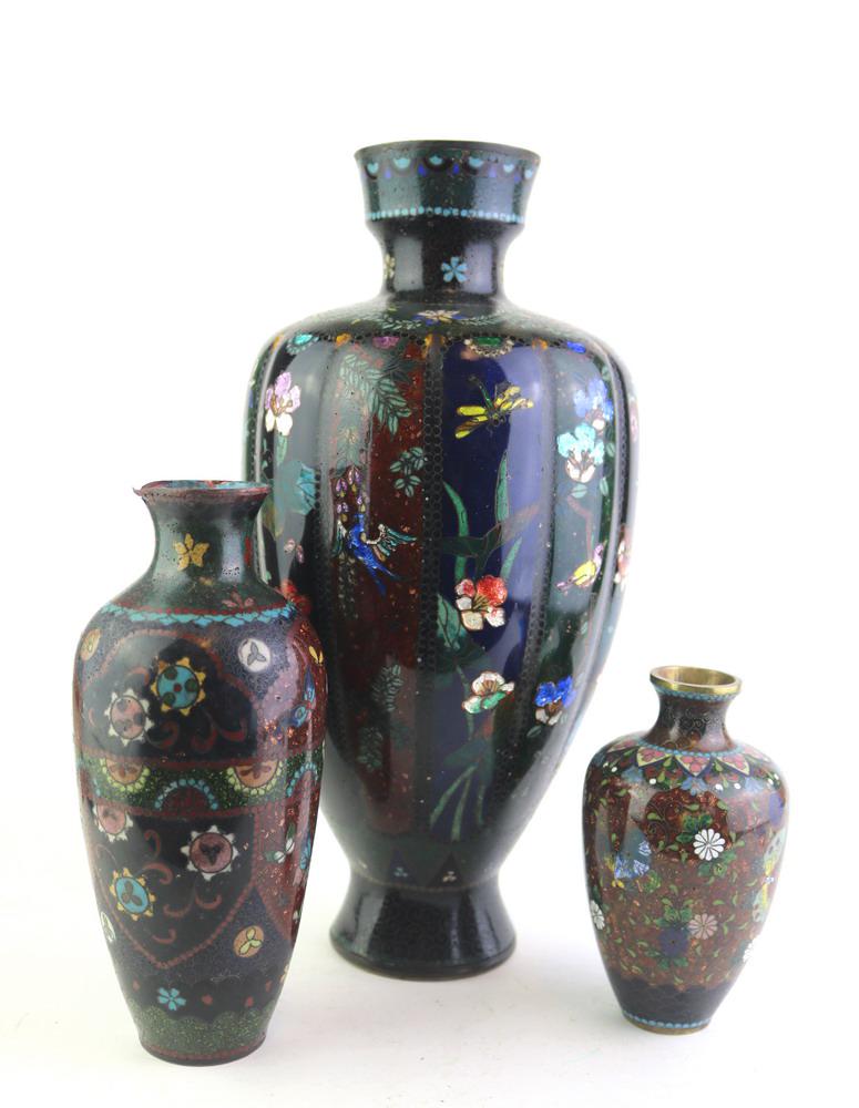 THREE 19TH CENTURY JAPANESE CLOISONNE VASES.     Floral and butterfly decoration; largest, paneled (1 of 8)